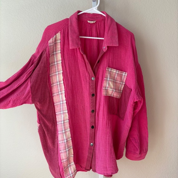 POL Pink Patchwork Gauze Button Up Women's - Picture 2 of 6